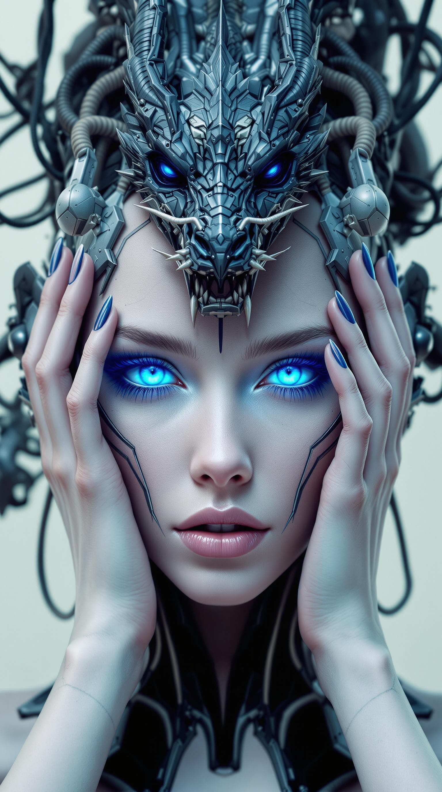 AI generated: a woman with blue eyes and a robot head with a dragon on her forehead and hands on her head, Android...