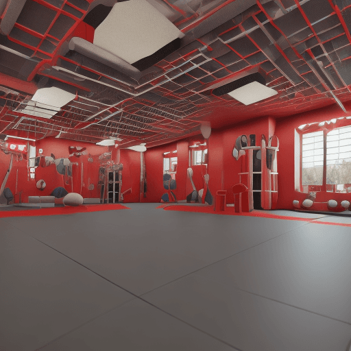 AI generated: 3d render photorealistic of the reception of a martial arts gym in red, black ,white and golden colo...