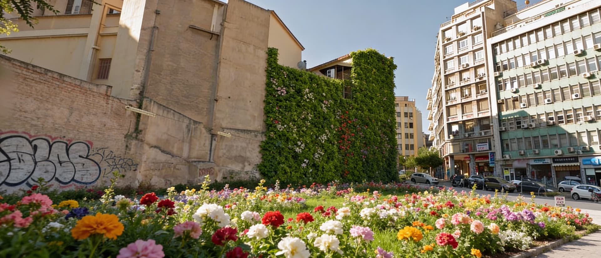 AI generated: Fill the empty cement slot of this picture with a blooming flower garden that climps the brown build...