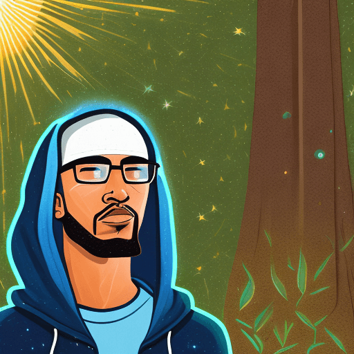 AI generated: A brown skin latino man standing in front of a cosmic or celestial scene with green and blue hues su...
