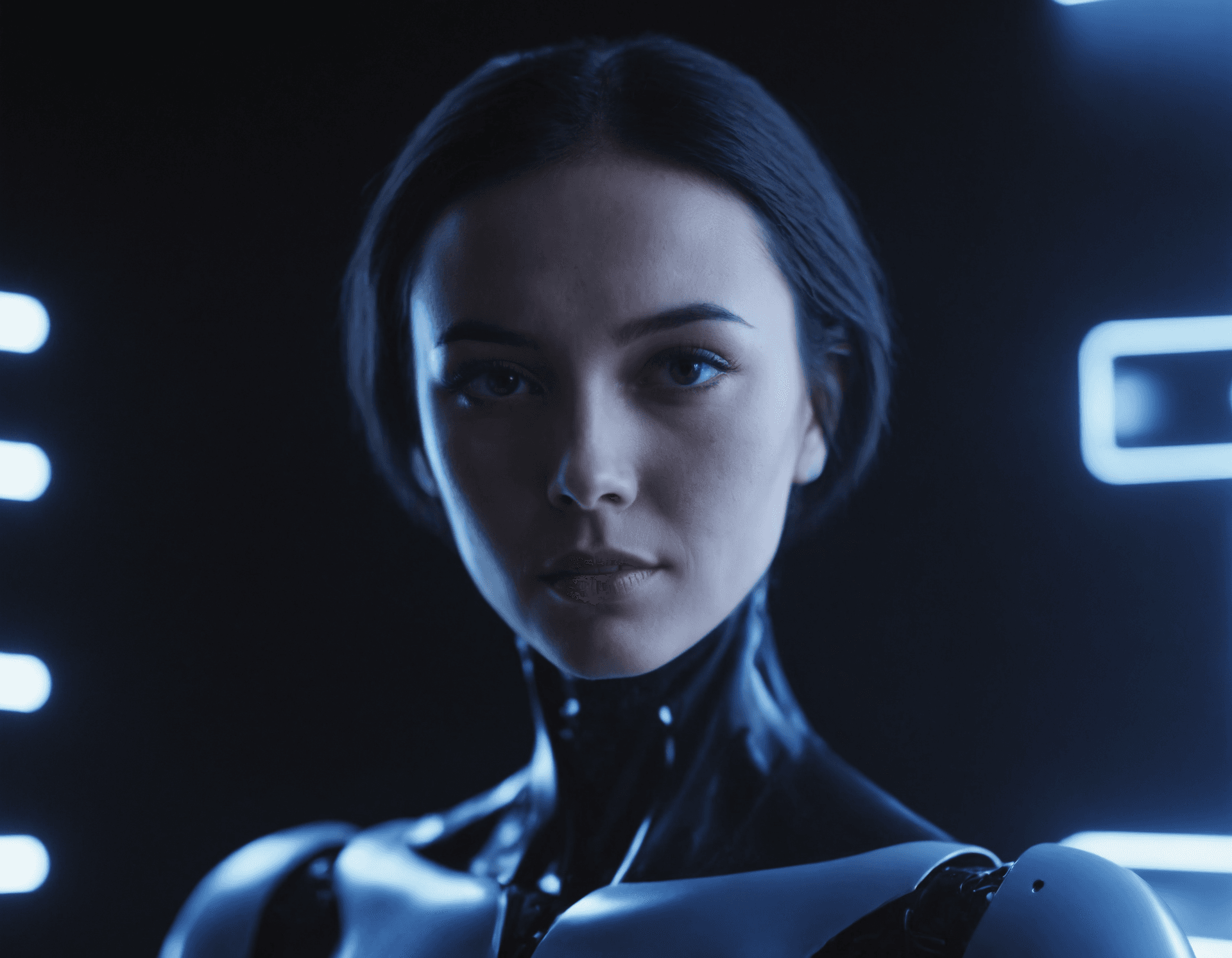 AI generated: humanoid robot reaching up to camera, female face close up, watching in camera, The character is poi...