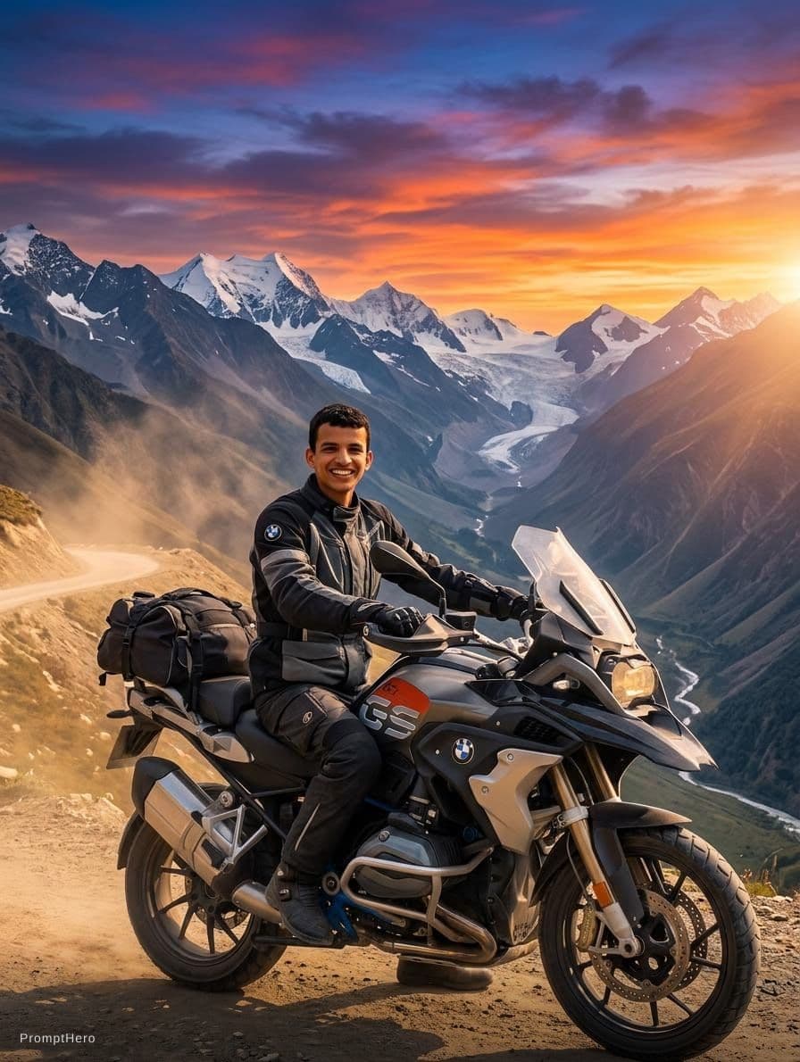 AI generated: A beautiful sunset over the mountain and I am on Himalayan bike and change my clothes according to y...
