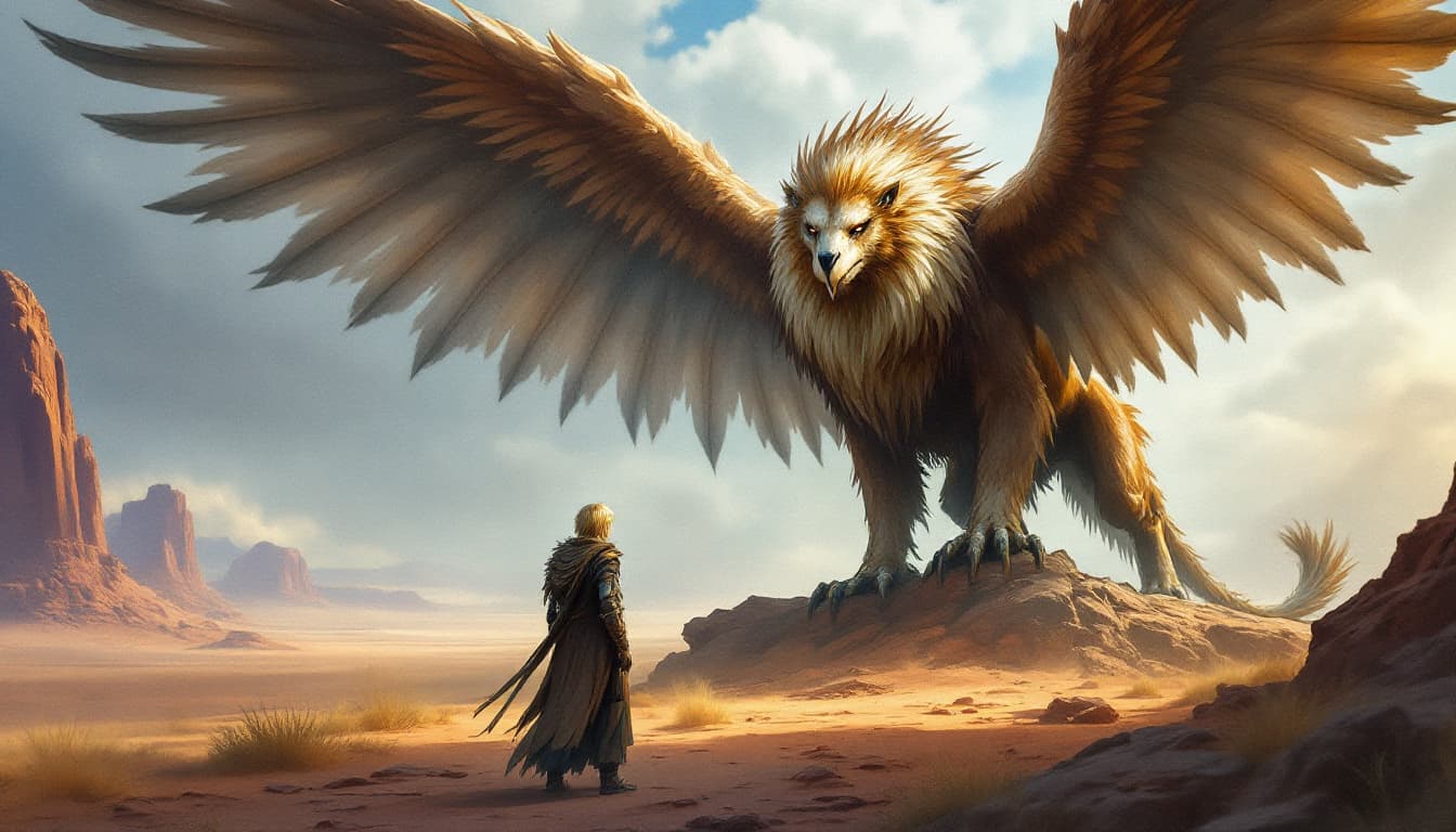 AI generated: Image is a fantasy scene featuring a large, majestic griffin with a lion's body and an eagle's head ...