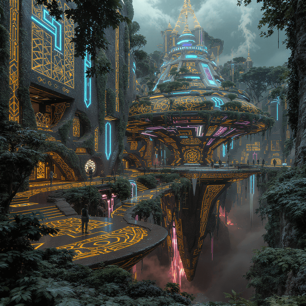 AI generated: In Cyber Punk Afrofuturist style a world of Techno-nature architecture features vibranium with "Adin...