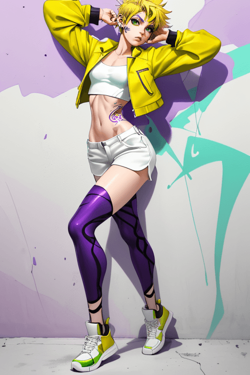 AI generated: JoJo, purple graffiti background, short yellow hair, tomboy, green eyes, white low-cut outfit, full ...