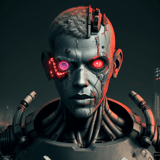 AI generated: Photo of a broken ruined cyborg man in a landfill, robot, body is broken with scares and holes, half...