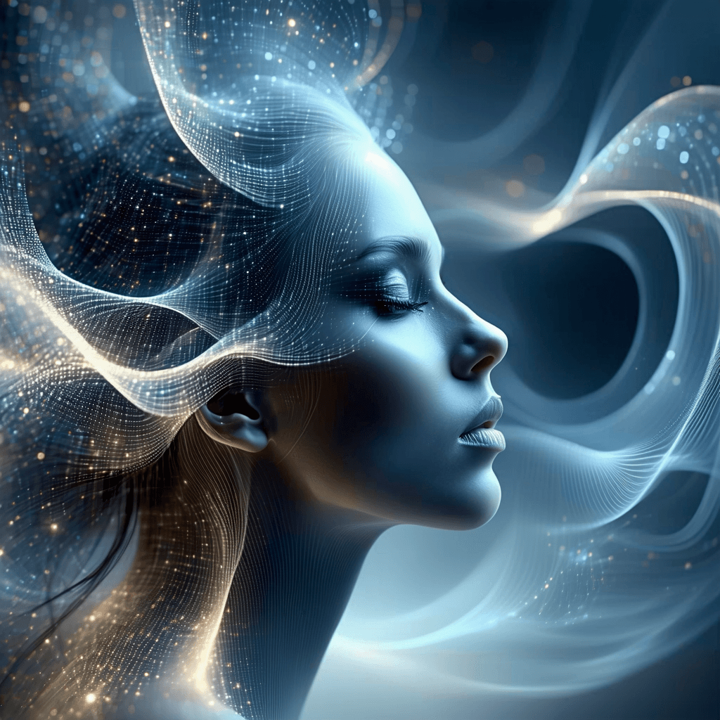 AI generated: A visionary sound bender, where her form seems to vibrate with the energy of sound, her clothes seem...