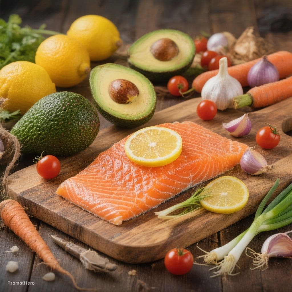 AI generated: Ultra realistic healthy food composition on a dark wooden table, fresh raw salmon fillets on a woode...