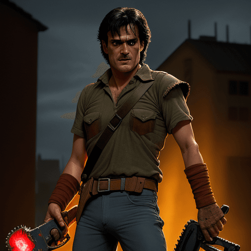 AI generated: Javier Mile as Ash, from Army Of Darkness, the Sam Raimi film, his left arm is replaced with a chain...