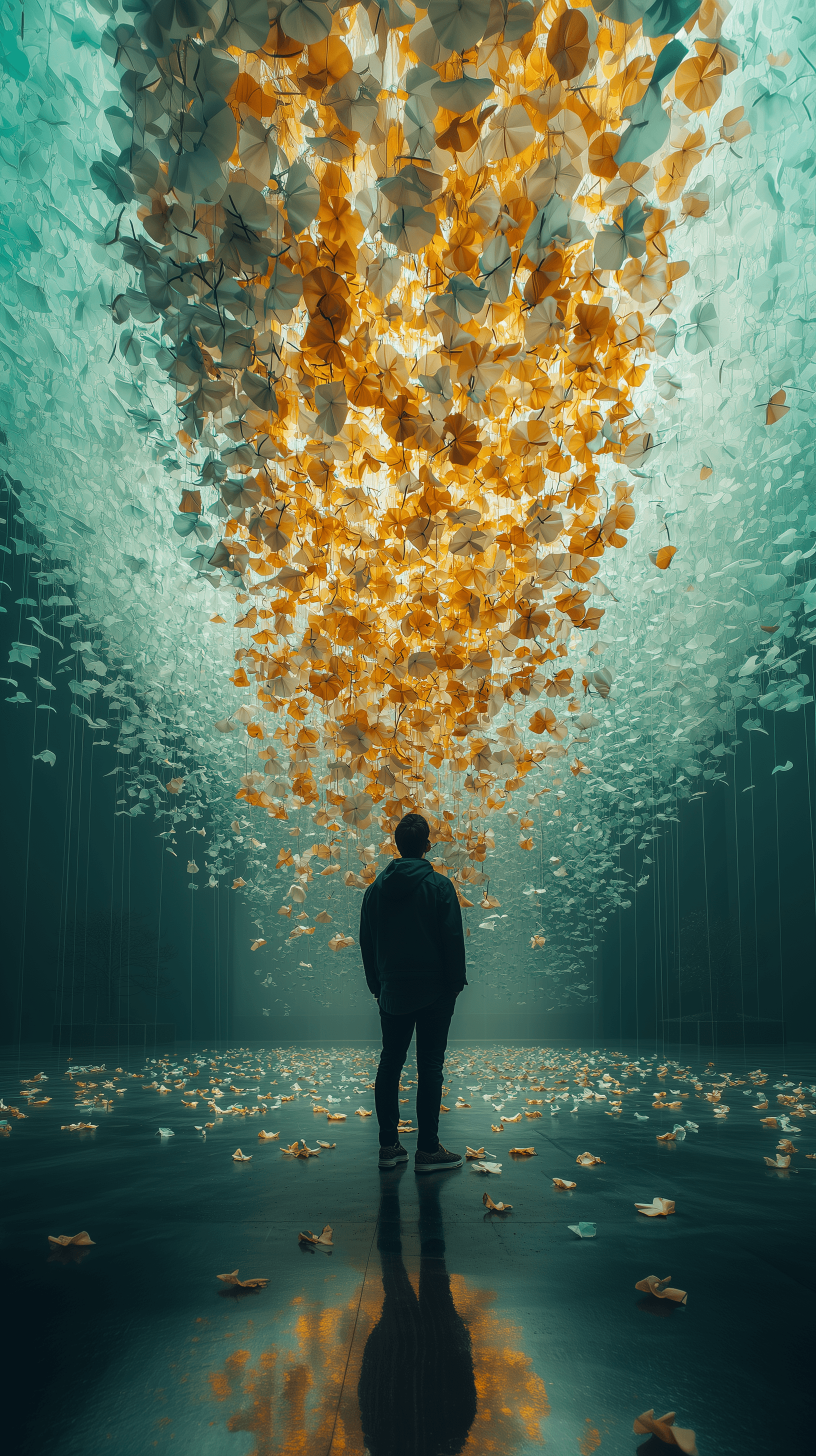 AI generated: surreal fine art photography, thousands of floating yellow and mint green flowers suspended from the...