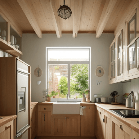 AI generated: High resolution photography kitchen design, wooden floor, small windows opening onto the garden, bau...