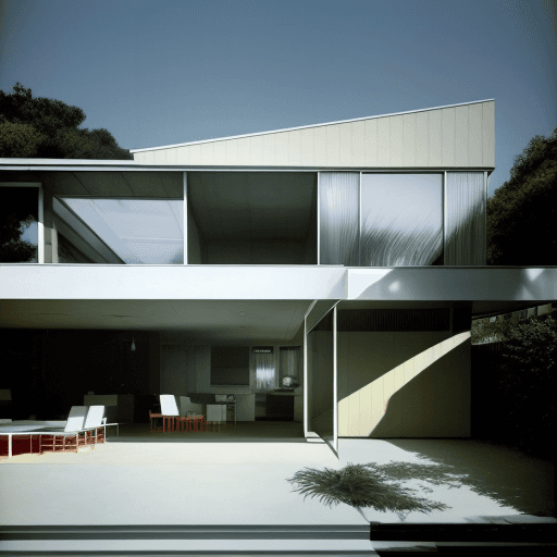 AI generated: Hyper realistic eye level exterior photo of a mid century modern style house overlooking the ocean, ...