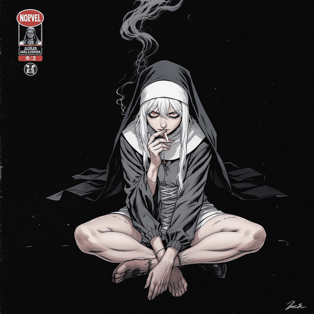 AI generated: Comic book cover illustration, full body shot of a white-haired nun, smoking, knees up, apathetic on...