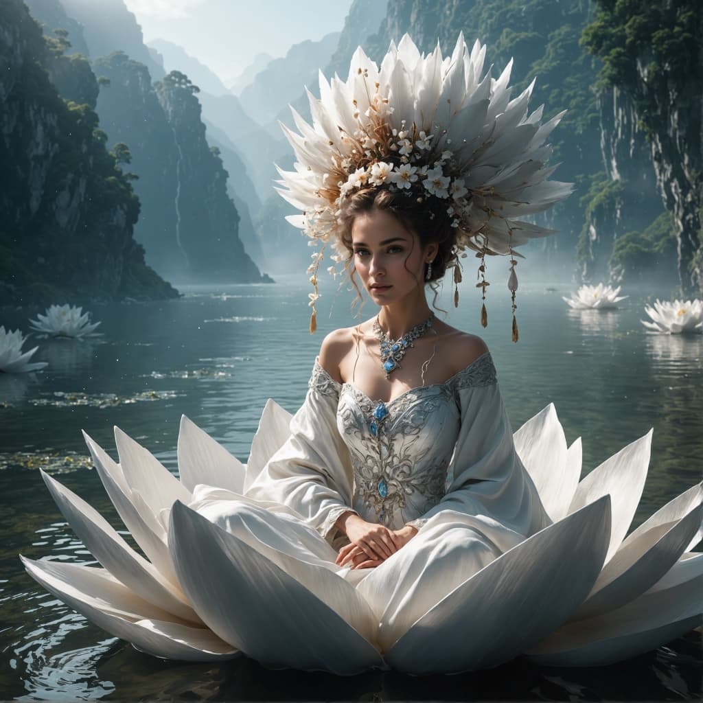 AI generated: In this portrait, Yemoja is shown in her Lotus Crown skin, seated on a lotus flower in the middle of...