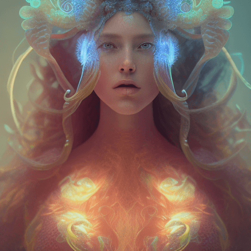 AI generated: Goddess close-up portrait ribcagel. jellyfish phoenix head, nautilus, orchid, skull, betta fish, bio...