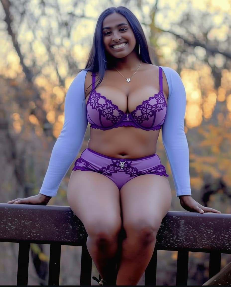 AI generated: Can you give her a tiny purple victoria secret lingerie set and enlarge her upper chest 