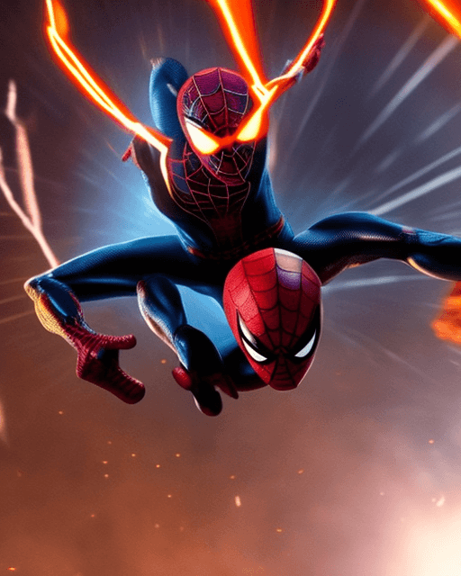 AI generated: Spider-Man movie stills, with glowing eyes, wearing dark god-level cosmic armor, full of orange ener...