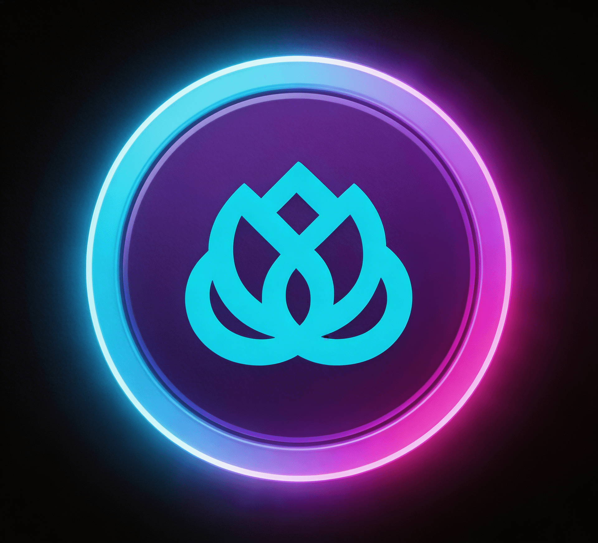 AI generated: circular glowing button design, stylized lotus flower at center in cyan #00D4FF, 
dark purple #2A1B5...