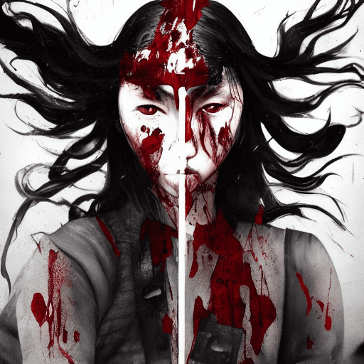 AI generated: 1girl,weapon,long hair,black hair,white background,solo,arm guards,looking at viewer,black eyes,tabi...
