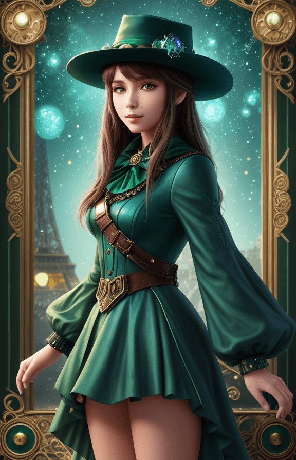 AI generated: The girl in the hat is wearing green, in the style of dark turquoise and light bronze, extremely det...