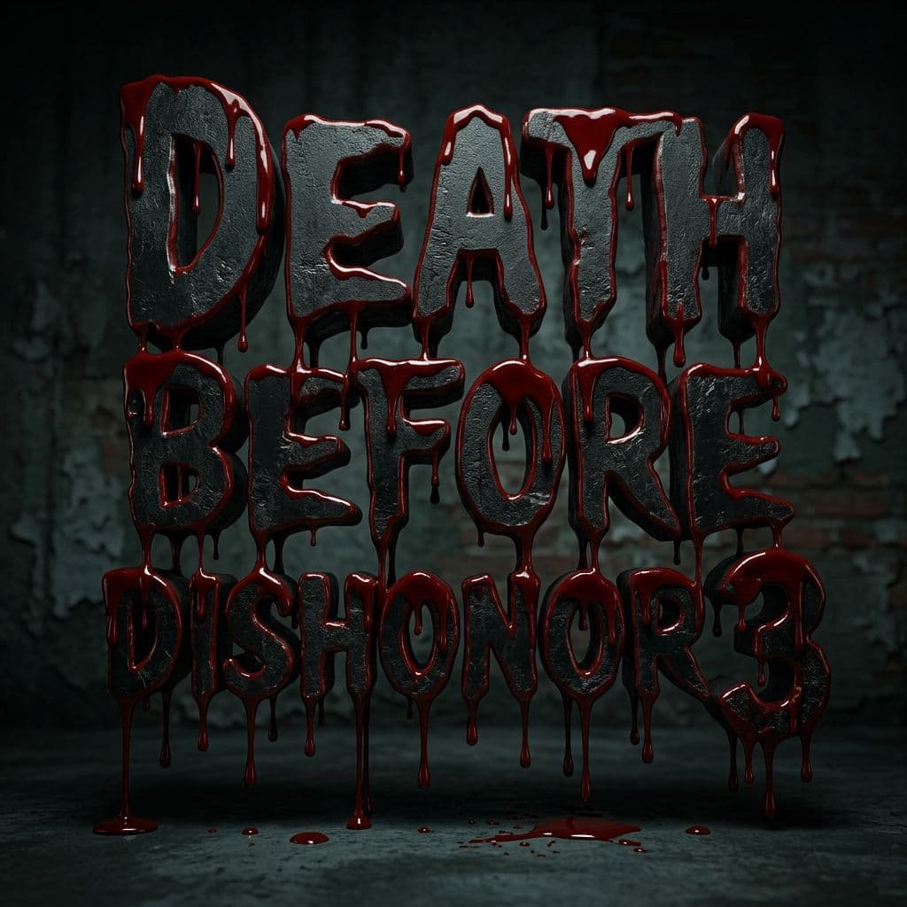 AI generated: 3D bold red liquid dripping text saying "DEATH BEFORE DISHONOR 3", SHOULD BE SCARY LOOKING  like the...