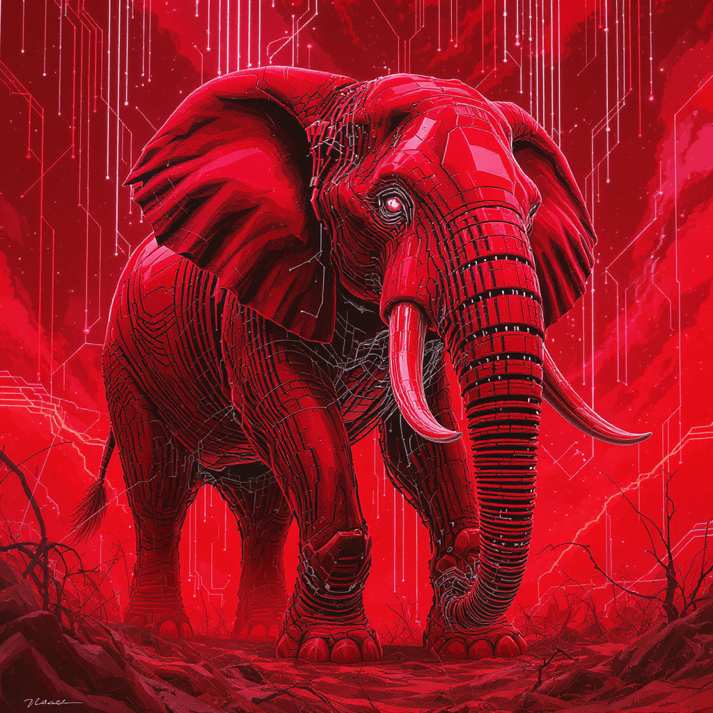 AI generated: red cybernetic elephant surrealism
