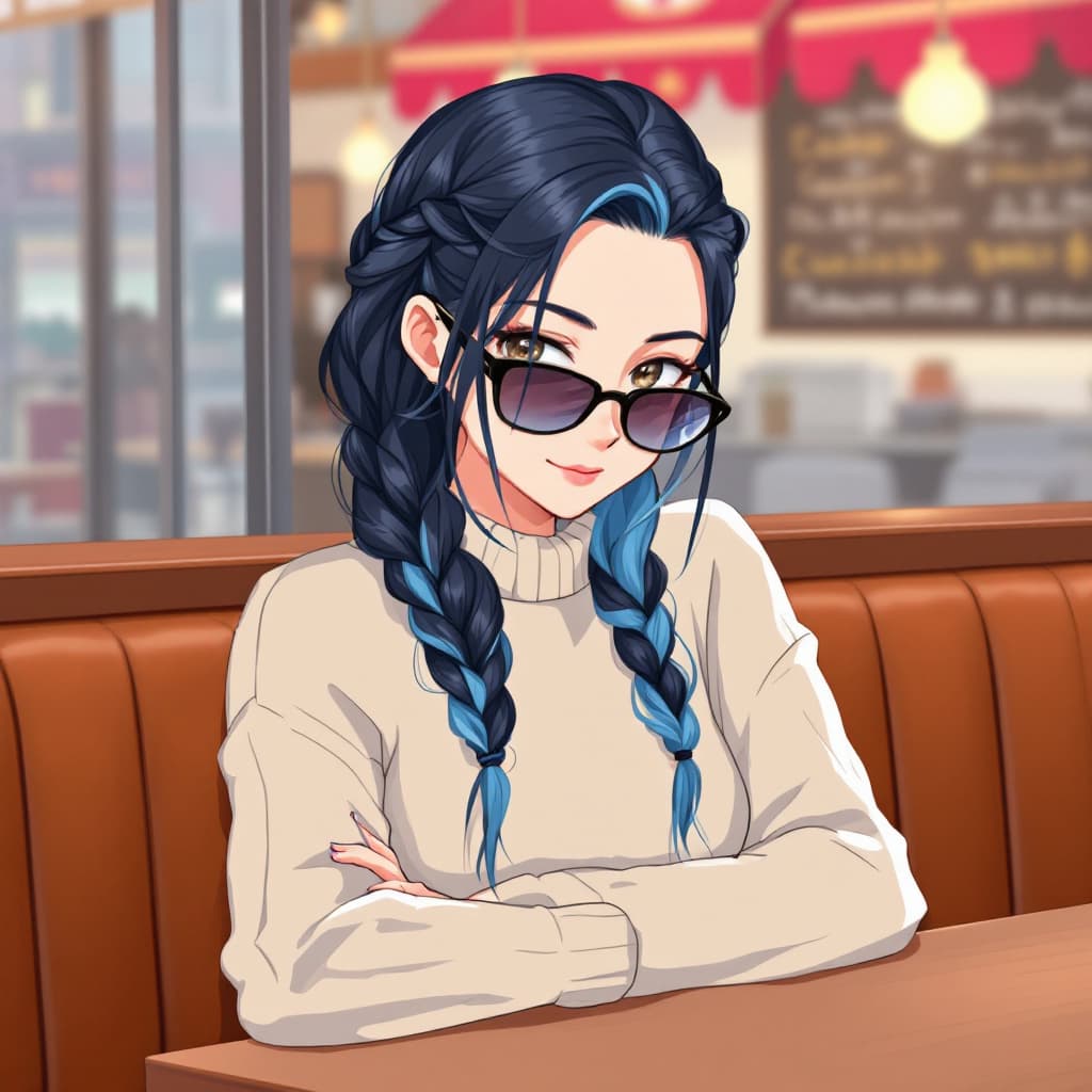 AI generated:  long hair, dark blue hair, blue streaked hair, braid, (french braid:1. 1) , (sweater:1. 1) , very f...