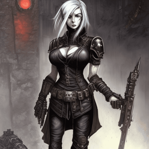 AI generated: artwork in the grimdark style of warhammer 40k of a sexy female comissar, standing infront a gothic ...