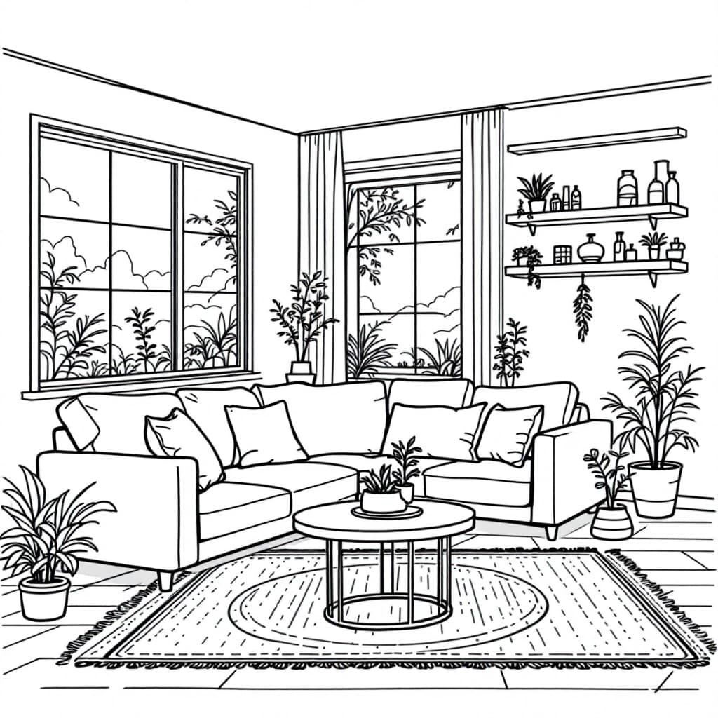 AI generated: Create a high-resolution black-and-white line drawing of an eco-friendly living room. Include detail...