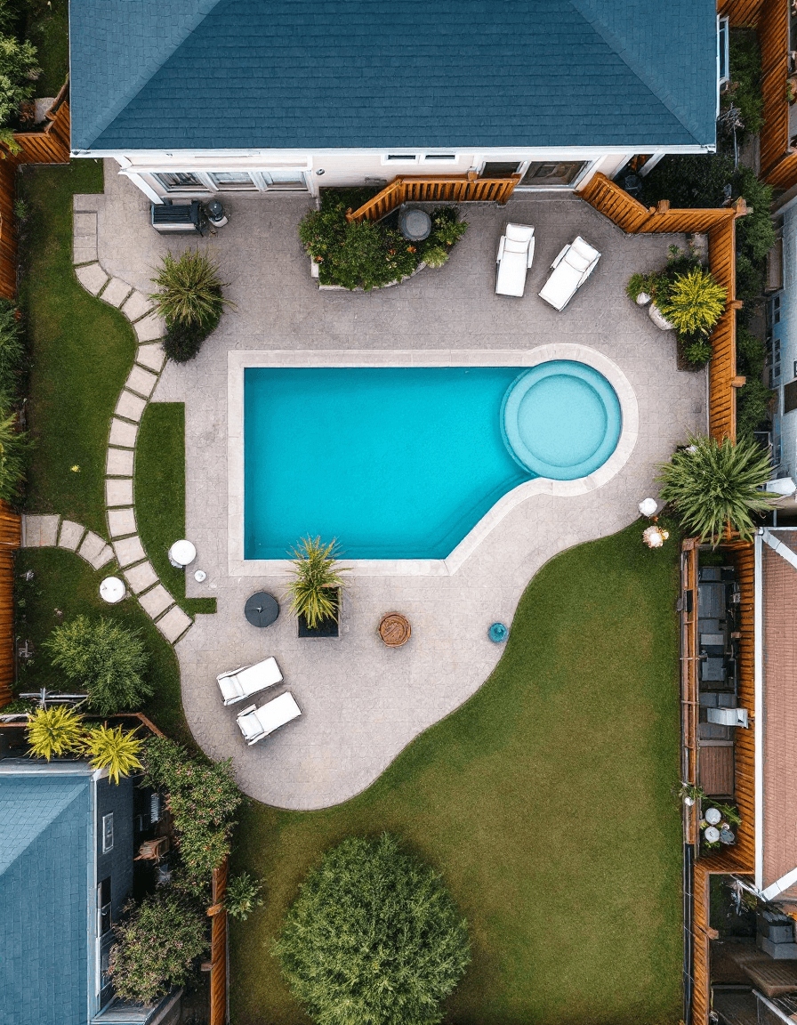AI generated: An aerial view of a luxurious beach house backyard, surrounded by a wooden fence and includes a wind...