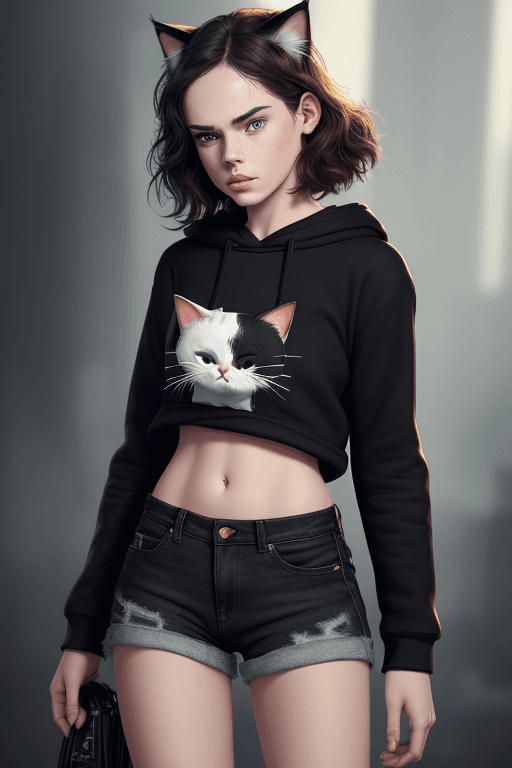 AI generated: Beautiful cat girl. Cat ears. Cat tail. Beautiful Daisy Ridley. Beautiful eyes. Slender body. Black ...