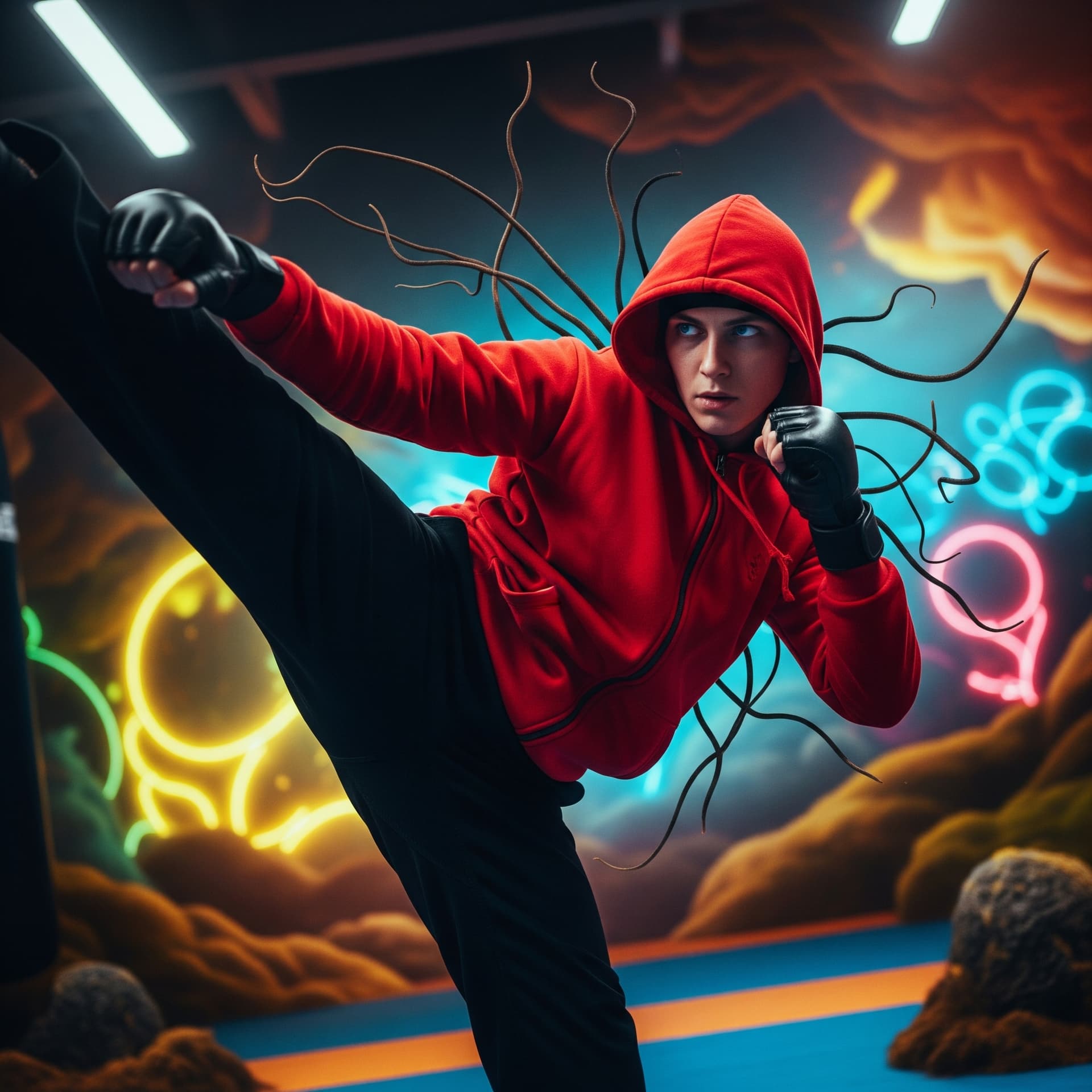 AI generated: A figure in a striking red hooded sweatshirt and black trousers, with dark gloves, throws a dynamic ...