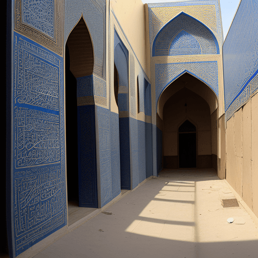 AI generated: A 3, floor building in Isfahan nearby a mosque, end of small alley, at noon.