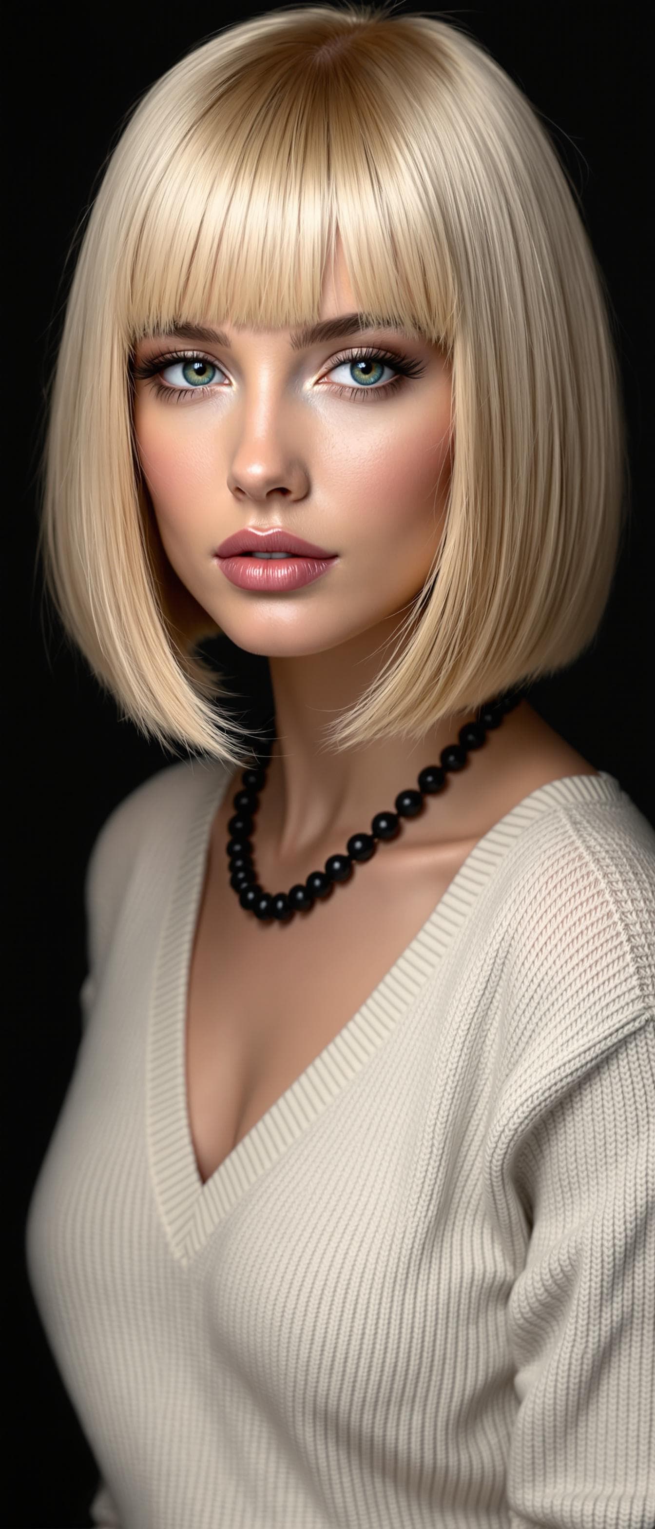 AI generated: She sports a sleek chin-length Italian bob in a rich natural golden blonde shade cut bluntly with th...