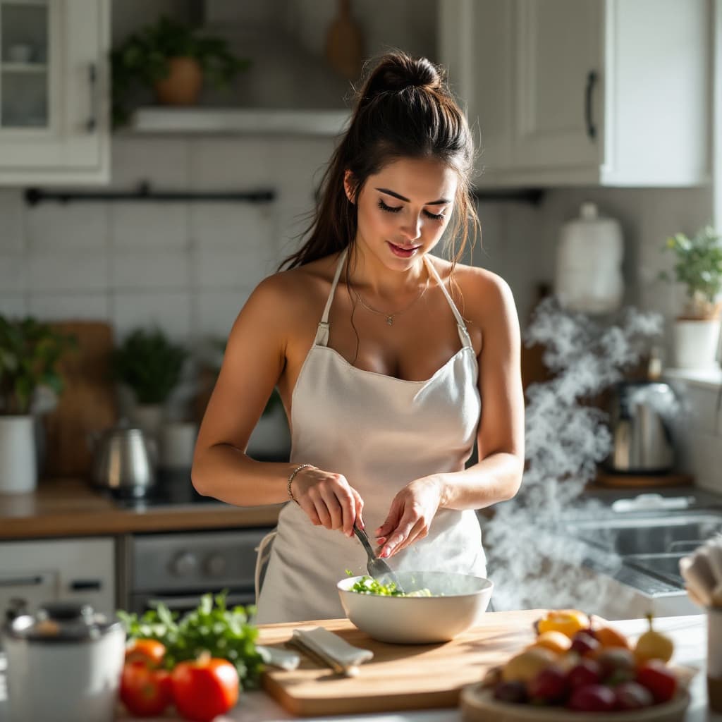 AI generated: female,angelawhite, a wife cooking dinner ,wearing nothing but a small apron , (edge lighting:0.5) <...