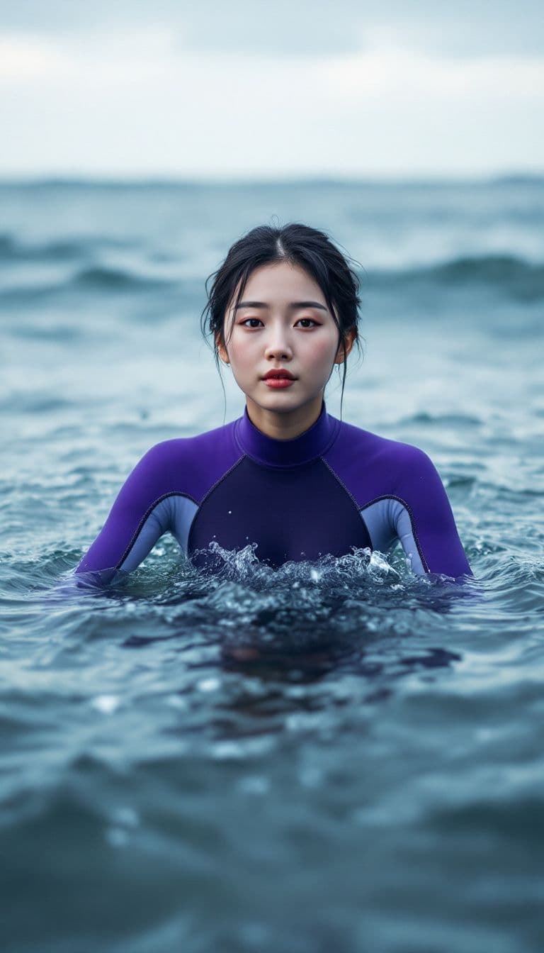 AI generated: High resolution image. A Korean woman wearing a purple freediving suit. Scene of her rising from the...