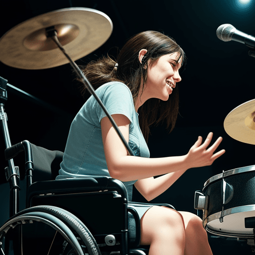 AI generated: youg woman, wheelchair, playing drums, rock concert