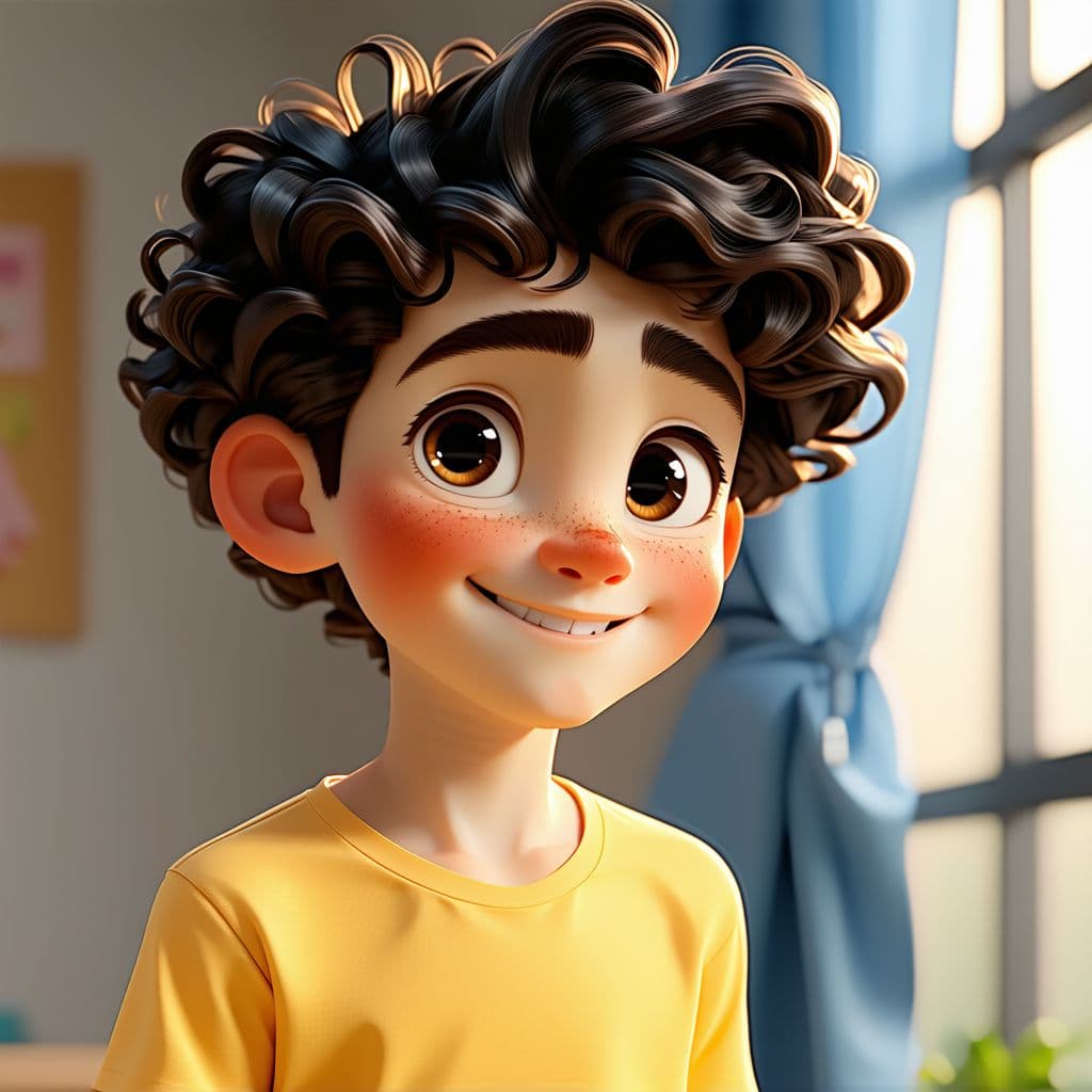 AI generated: a boy with curly hair and yellow shirt, in the style of rendered in cinema4d, charming characters, i...