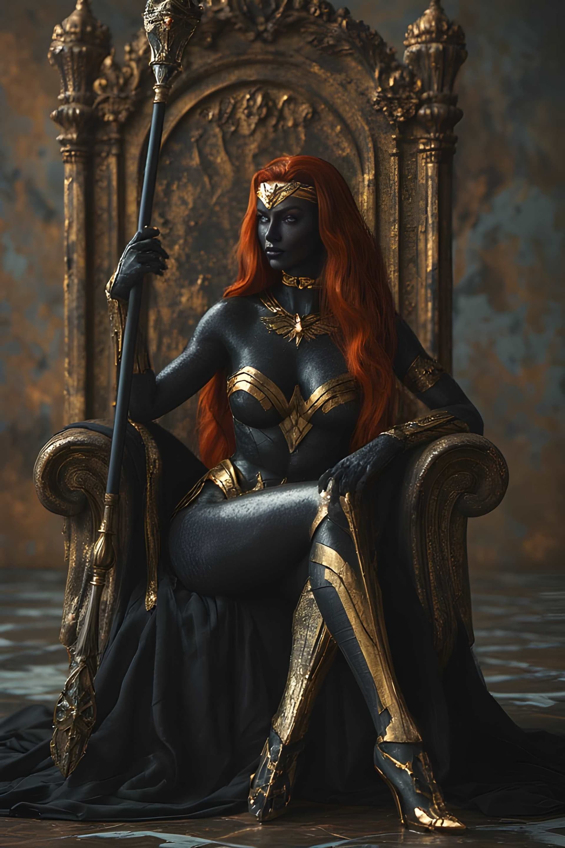 AI generated: A regal, dark-skinned queen with fiery red hair, seated on an ornate, golden throne. She wears golde...