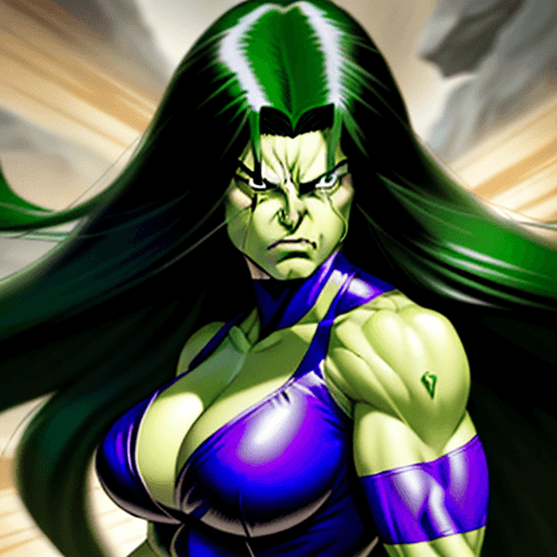 AI generated: She-hulk, long hair, Marvel, from Valorant, Disney reference, half body::4, hero and angry, Manga st...