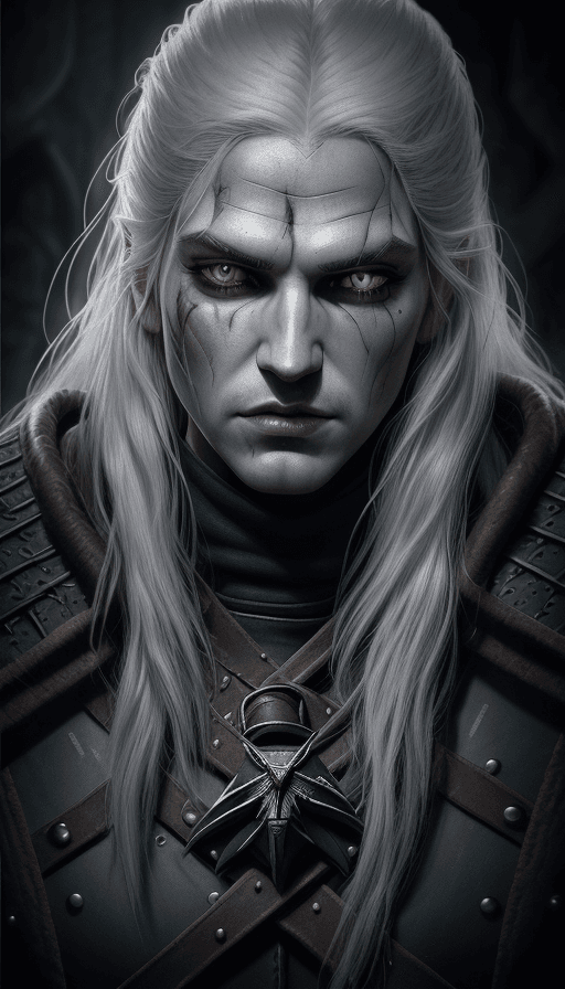 AI generated: (Portrait The Witcher, style H.R. Giger art) Silver-haired, pale complexion, mysterious gray eyes, e...