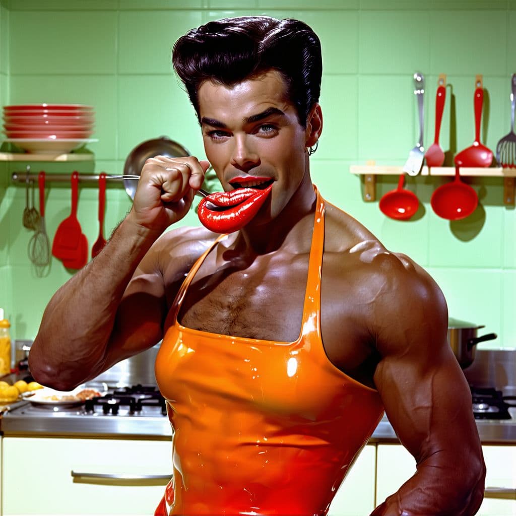 AI generated: American duburb in 1955,  pin up "girl" is ,instead, an ultra-gay man, large bobybuilder on steroids...