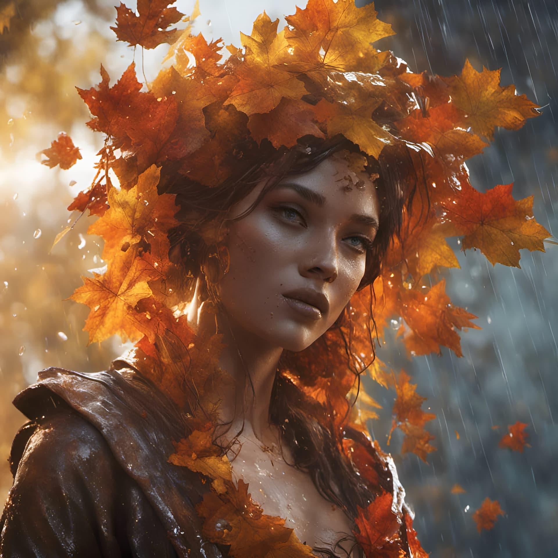 AI generated: beautiful goddess of the autumn rain, divine, feminine, gorgeous, Unreal engine 5, 8k, --ar 9:16 --q...