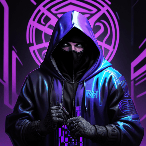 AI generated: hooded man, hidden face, low light, cyberpunk tattoo designs , in the style of silkscreen, purple an...