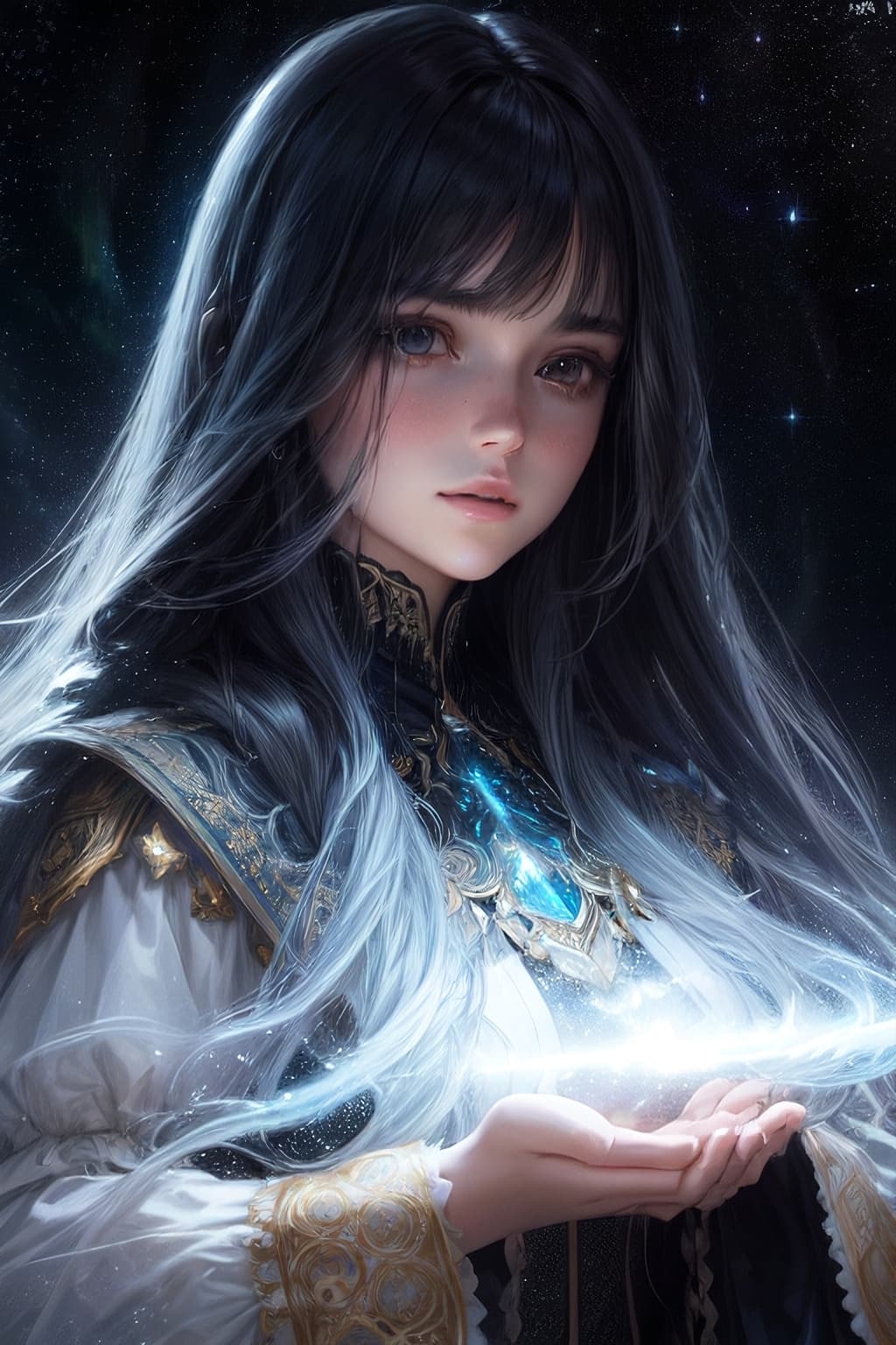 AI generated: (dark dim dramatic atmosphere)+ 8k portrait aurora, girl with super long hair, hair dissolving into ...