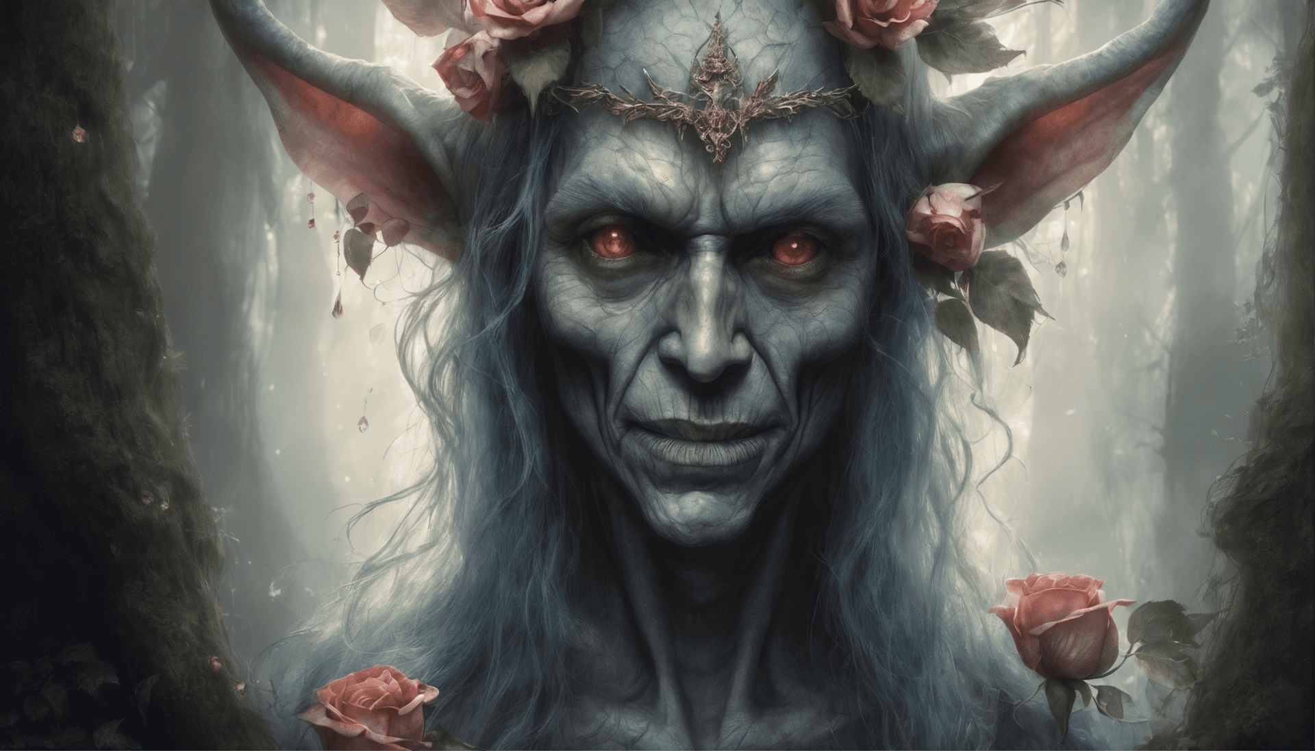 AI generated: A crystal skull surrounded by roses. Dark Fantasy ethereal and magical, an epic shot with cinematic ...