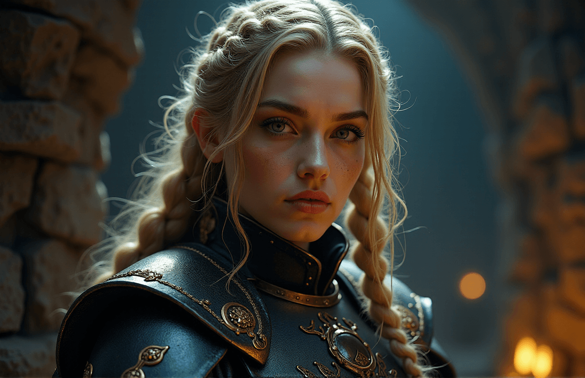 AI generated: epic cinematic scene (Digital Artwork:1.3) of (Illustration:1.3) (female dwarf eyes) an award-winnin...