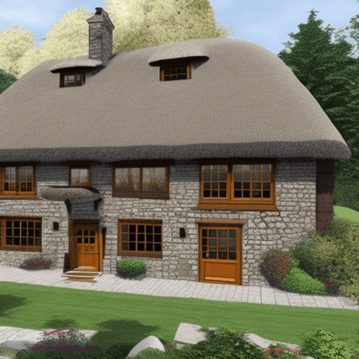AI generated: A digital architectural blueprint of a cozy, rustic cottage house, with comprehensive labeled sectio...