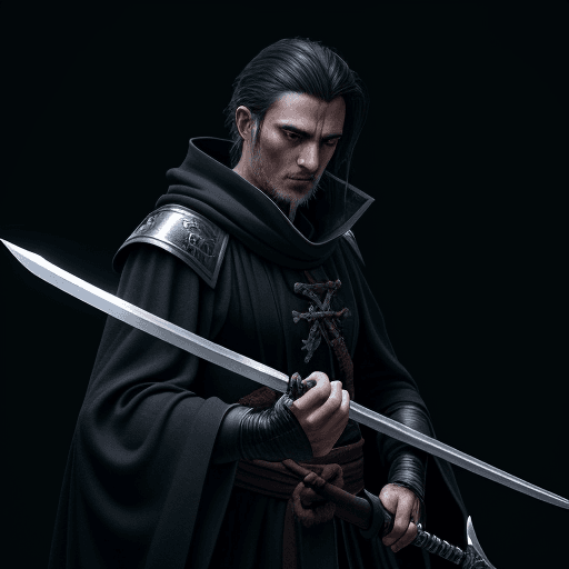 AI generated: european swordsman with black robe and about 1,70 and two swords, one dark and one blueartwork. cine...