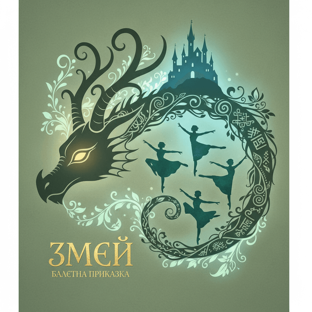 AI generated: poster A3 size, with green bulgarian folklor dragon, traditional tail for the dragon and the tree br...